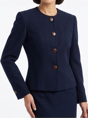 B.G. STREET Classic Tailored Wool Navy Blue Blazer Jacket w Purple Buttons